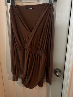 Fashion Nova Brown Long Sleeve Drape Dress